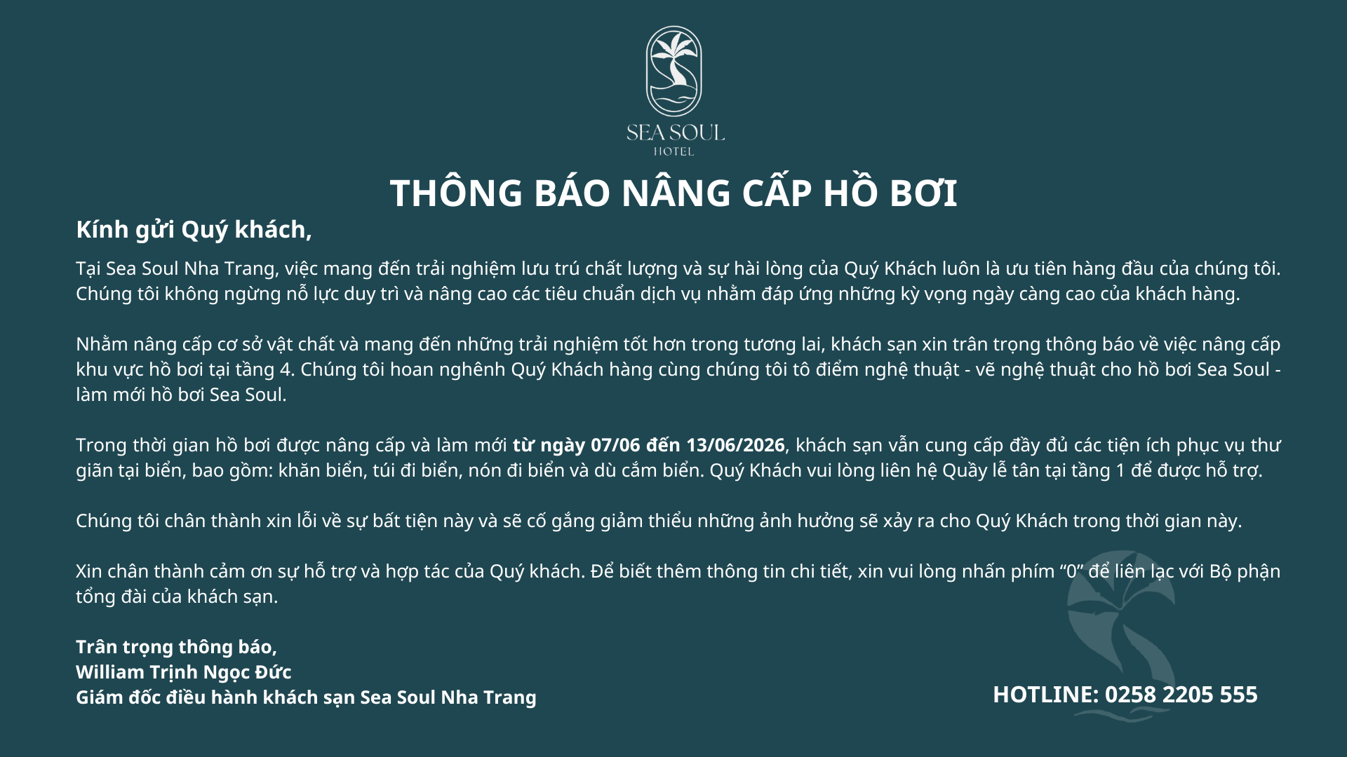 Thông báo nâng cấp hồ bơi